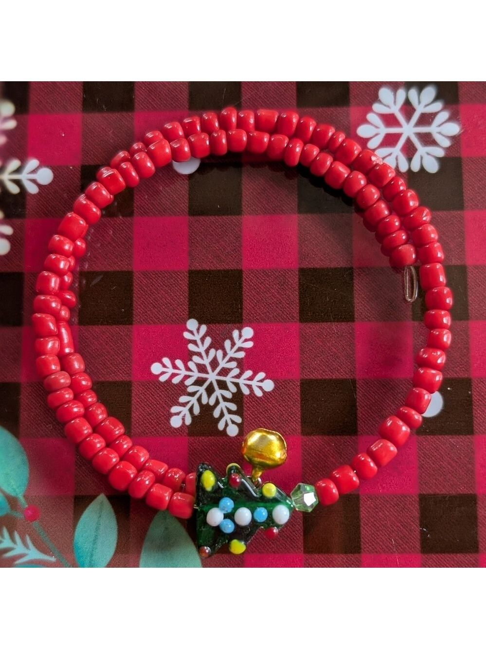 Festive Red Beaded Memory Wire Bracelet with Christmas Tree Charm